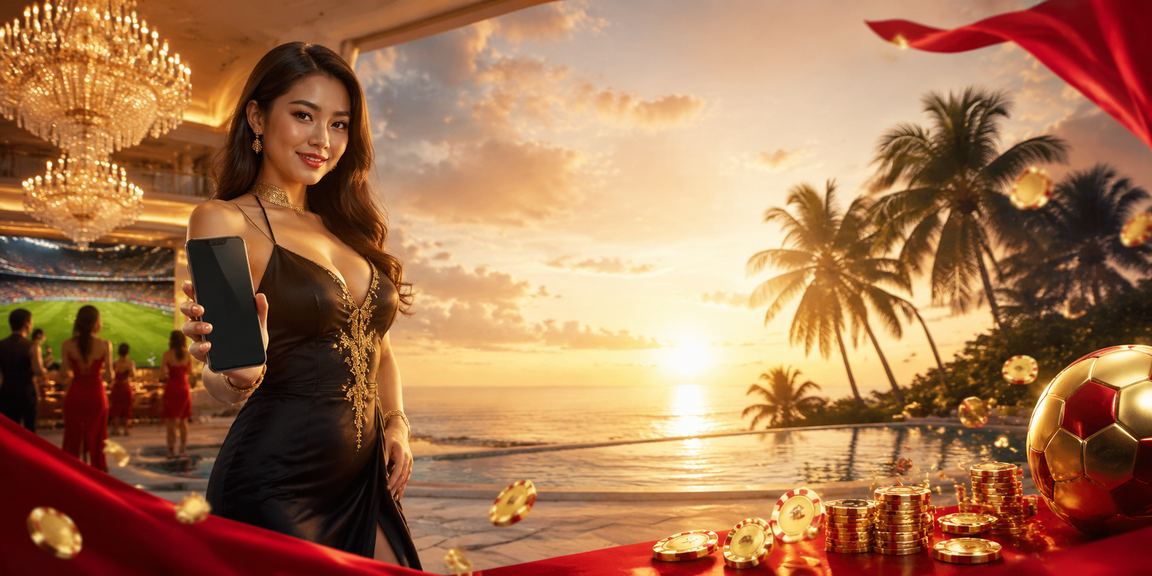 Pengguna mengakses aplikasi casino di tepi pantai menggunakan smartphone