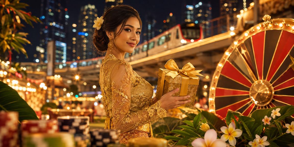 Meja roulette berkilap di suasana pasar malam yang meriah dan penuh warna